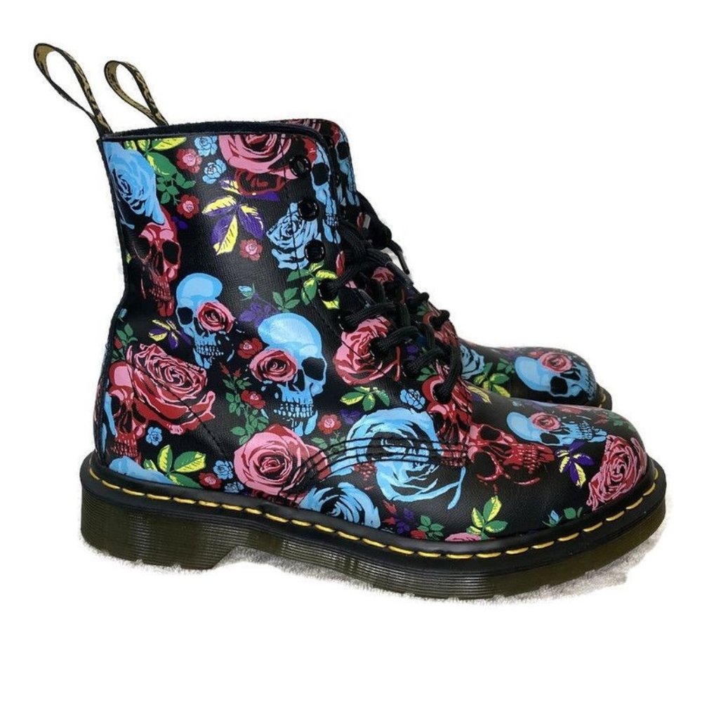 Dr. Martens Black Floral & Skull Combat Boots